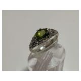 Sterling Silver Oval Cut Green Garnet Gemstone Ring w/Filigree Frame Design...Size 6.75