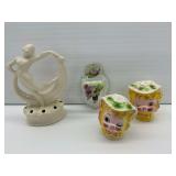 German Match Holder, Art Deco Flower Frog, Enesco Kitty Salt & Pepper Shakers