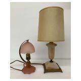 Pair of Table Lamps, Pink Satin Glass and Marbled Stone, work