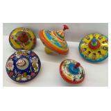 Five Vintage Tin Litho Spinning Tops Including Made in USA and Ohio Art