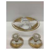 Vintage Glass Console Bowl and Candle Holders with Gold Floral Design