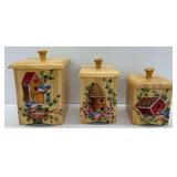 Three Painted Wooden Birdhouse Canisters