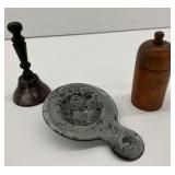 Vintage Kitchenalia: Bell, Tea Strainer, and Wooden Match Holder