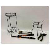 Gardening Tools and Two Iron Plant Stands