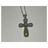 Sterling Silver, Green Jade & CZ Gem 1.5 in. Cross Pendant...18 in. Necklace
