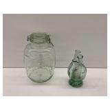 Glass Jar with Lid and Decorative Green Glass Dual Decanter