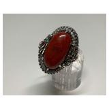 Sterling Silver, 15x25mm Orange Jade & CZ Gem Ring w/Halo of 2 Serpents...Size 8