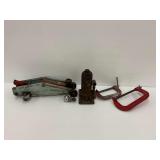 Assorted Tools: Floor Jack, Bottle Jack, Clamps, and Trailer Hitch Ball