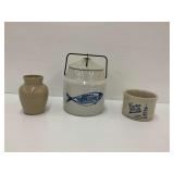 Stoneware: Butter Crock, Vase, and Herring Jar... some cracks