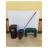 Hefty Touch Lid Trash Can, O-Cedar Spin Mop, and Plastic Step Stool