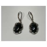 Sterling Silver, 9x14mm Marbled Grey Jade & Multi CZ Gem 1.31in. Leverback Dangle Earrings