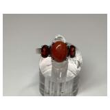 Sterling Silver Cabochon Marbled Orange Jade & Multi Oval Cut Garnet Ring...Size 7