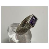 Sterling Silver & Amethyst Gemstone Ring w/Flashy Diamond Textured Ring Frame...Size 7