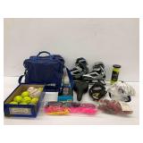 Assorted Sports Equipment Lot: Ice Skates, Bowling Ball, Tennis Balls, Badminton Net and More