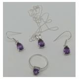 Sterling Silver Necklace, Earrings, and Size 8 Ring with Purple Gemstones