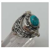 Sterling Silver Turquoise Poison Pill Box Ring...size 9