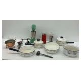Kitchenware Lot: Hamilton Beach Drink Mixer, Enamelware Pots, and More
