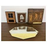 Clock, Dog Sculpture, Golf Plaque, and Geometric Mirror