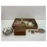 Costume Jewelry, Carved Wooden Box, Postage Stamps, and More