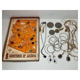 Mixed Lot of Jewelry and Foreign Coins with Gemstone Display