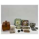 Variety of Collectibles: Shoe Shine Box, Coasters, Mirror, Hooks and More