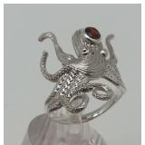 Sterling Silver Octopus Ring with Garnet..size 9.5