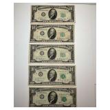 Five United States $10 Federal Reserve Notes