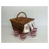 Wicker Picnic Basket with Ruby Flash Punch Glasses and Tea Towels