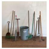 Garden Tools with Metal Trash Can