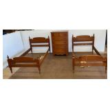 Two Wooden Twin Beds with Five Drawer Chest...see description