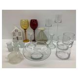 Home Decor Items Including Glassware and Wooden Accent Pieces