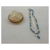 Two-Strand Pearl and Blue Glass Bead Necklace and Made in Philippines Shell Box
