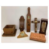 Wooden Box, Fraternity Paddle, Religious Cross, and Other Items