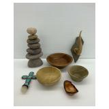 Wooden Bowls, Rock Stack, Cross Bottle Stopper, and Other Items