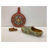 Painted Wooden Items with Inscriptions and Floral Motifs