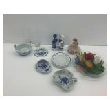 Delft Ware Group with Figurine and Glass Bowl