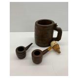 Wooden Mug, Carved Cork Stopper, and Pipes