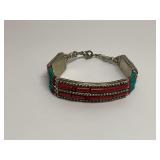 Coral and Turquoise Bracelet with Silver Tone Components