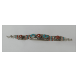 Tibetan Silver Beaded Bracelet with Coral and Turquoise Colored Stones