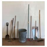 Wooden Handled Garden Tools and Metal Trash Can