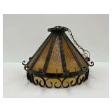 MCM Hanging Light Fixture with Metal Frame and Amber Colored Glass...see description