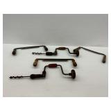 Hand Tools Including Two Auger Drills and Three Draw Knives