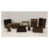Nine Telephone Related Components and Wooden Boxes
