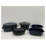 Four Enamelware Roasting Pans and One Stock Pot
