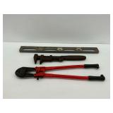 Bolt Cutters, Adjustable Wrench, and Level