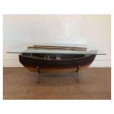 Wooden Boat Coffee Table with Glass Top and Oars