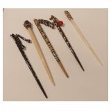 Five Decorative Carved Bone Hair Sticks