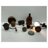 Various Vintage Items with Sprinkler Can Heads, Telephone Parts and Clip Lamp
