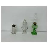 Three Glass Items … Includes Oil Lamp and Syrup Pitcher