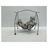 Children and Dog Swinging in Hammock Molded Sculpture Painted Silver